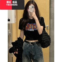 YIBUSHENG美式复古正肩t恤女短袖季新款小众收腰y2k辣妹甜飒短款黑色上衣