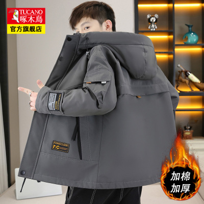 啄木鸟工装夹克男士2025秋冬新款保暖时尚潮牌休闲防风连帽外套男