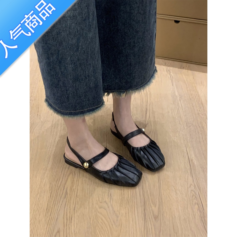 SUNTEK平底包头凉鞋女鞋子2023年春夏新款白色玛丽珍一脚蹬法式晚风单鞋