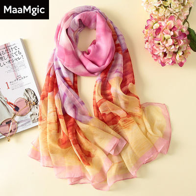 2018秋冬新款真丝丝巾韩版时尚印花桑蚕丝长巾披肩