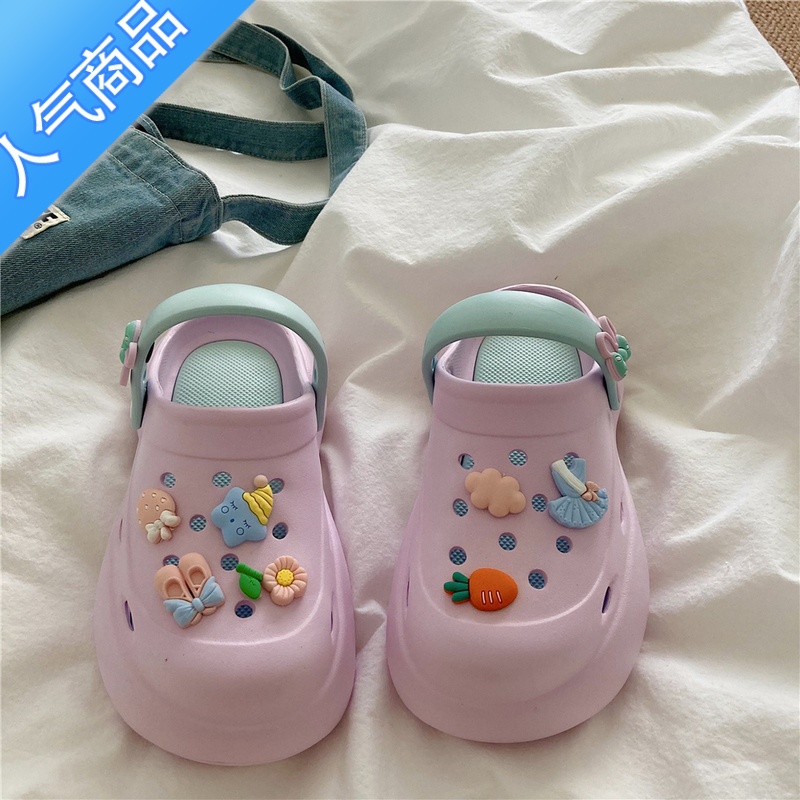 SUNTEK仙女紫~!小众增高厚底洞洞鞋女学生透气百搭防滑凉鞋ins外穿拖鞋