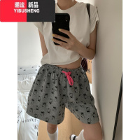 YIBUSHENG灰色卡通印花短裤女季韩版网红高腰显瘦休闲裤宽松阔腿裤子