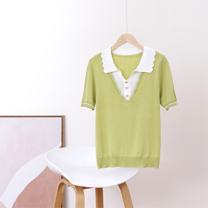 新款女短款冰丝针织衫洋气女装上衣夏季套头薄款体恤显瘦小衫