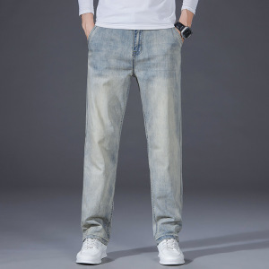 复古男士做旧弹力牛仔裤男青年春季常规泥色宽松直筒阔腿裤