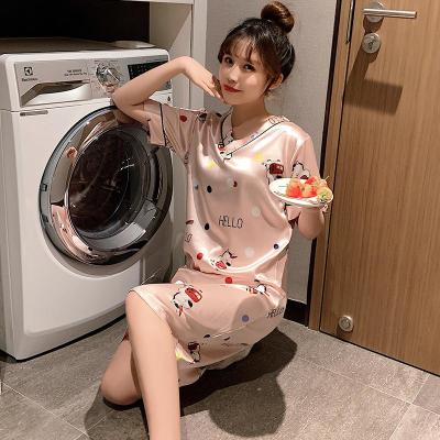 SUNTEK睡衣女夏季冰丝短袖韩版修身中长款睡裙夏天可外穿家居服薄款