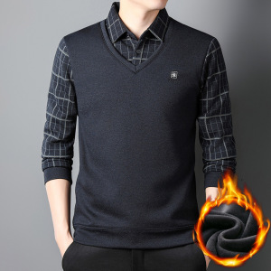 冬款加绒男装加厚假两件打底上衣厚款中年男士休闲爸爸保暖衣T恤_43768