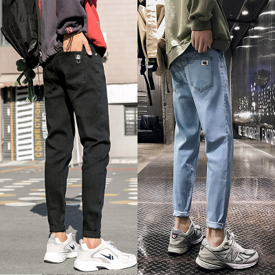 夏季薄款黑色直筒牛仔长裤男士宽松潮牌百搭九分修身小脚韩版潮流串得起