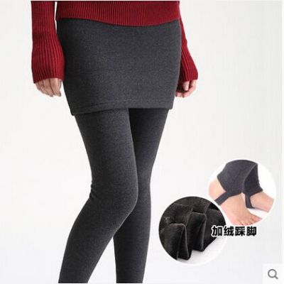 SUNTEK韩版棉假两件打底裤女士包臀裙裤秋冬款加厚加绒带裙长裤子踩脚打底裤