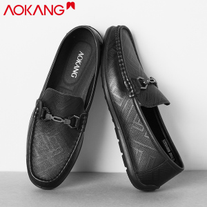 奥康豆豆鞋男春秋季牛皮透气韩版乐福鞋一脚蹬男士休闲皮鞋时尚单鞋