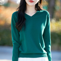 棉线针织衫女V领长袖薄款内搭毛衣春秋季上衣宽松套头线衣打底衫