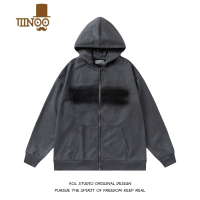 YANXUXOL 国潮美式绒连帽开衫拉链外套男女复古慵懒风钢印字母卫衣