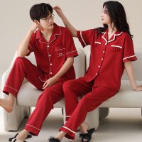 情侣本命年仿棉睡衣开衫翻领长袖长裤夏季新婚休闲宽松家居服套装