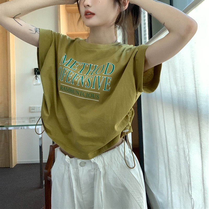 设计感短袖T恤女夏季不规则小众新款韩版别致抽绳宽松短款上衣ins