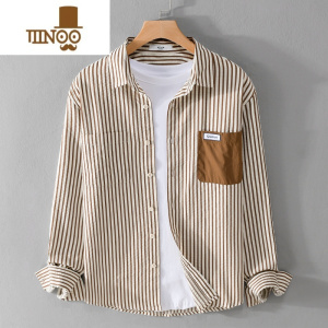 YANXU撞色口袋竖条纹长袖衬衫男秋季日系复古潮流弹力休闲衬衣帅气寸衫