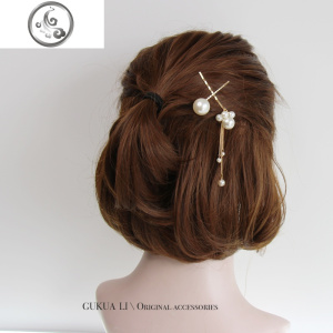 原创手工制作新款日系少女气质一字夹珍珠流苏刘海夹边夹头饰 JiMi