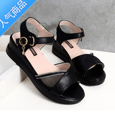 SUNTEK2023夏新款坡跟平底舒适洋气脚胖宽中跟妈妈鞋中年中老年女鞋凉鞋