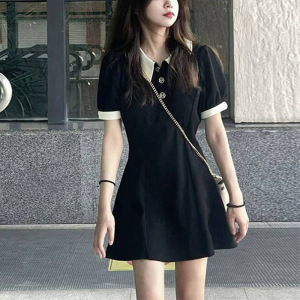 polo领纽扣小黑裙子夏季公主裙插色少女裙翻领高腰短裙A字裙女装_598