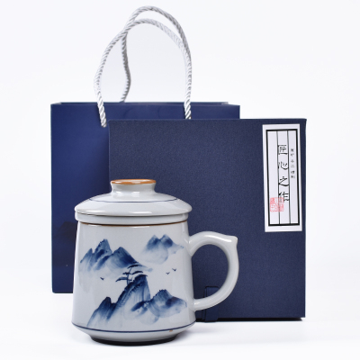 言本青花瓷办公杯茶水分离茶杯纯手绘陶瓷马克杯带盖过滤喝茶杯带内胆大号家用办公杯