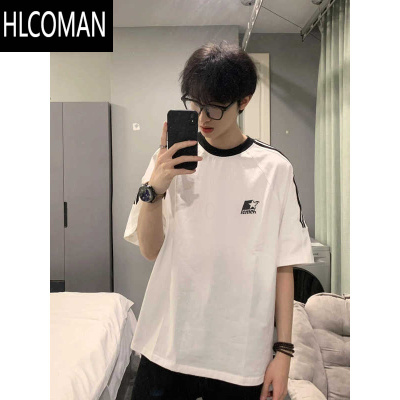 HLCOMANchic港风字母三条杠白灰色短袖T恤男夏季ins潮牌百搭宽松