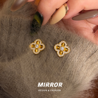 925纯银闪亮四叶草耳钉女耳环耳饰小众轻奢创意个性2025 BCE8943送女朋友老婆情人节七夕生日礼物