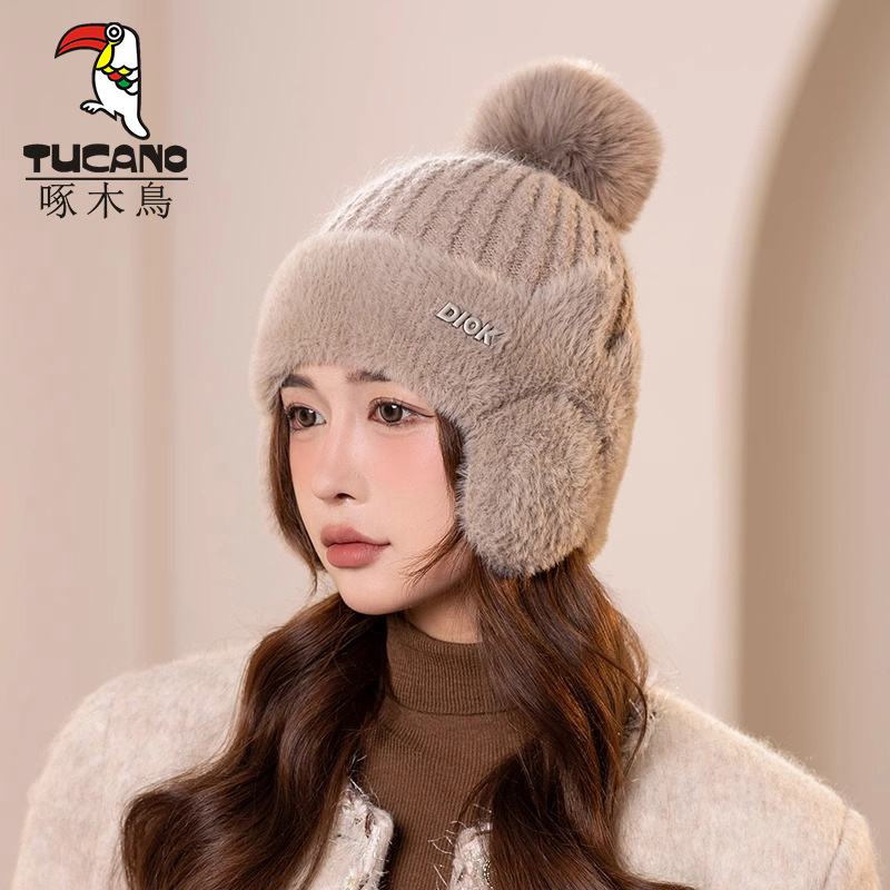 帽子女冬季加绒加厚保暖护耳套头帽骑行防寒百搭显脸小针织毛线帽