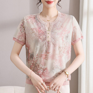 短袖妈妈装针织小衫时尚中老年女士休闲上衣薄款夏装衣服50岁印花