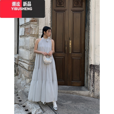 YIBUSHENG红人馆挂脖连衣裙女季茶歇法式看气质吊带裙设计感长裙裙子