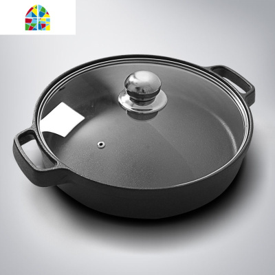 铸铁双耳平底锅煎锅无涂层锅老式铁锅加厚生铁锅30cm FENGHOU 30CM煎锅木盖