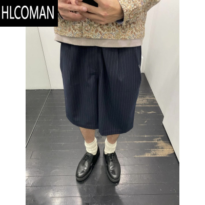 HLCOMAN两个月亮立体打褶A字西装短裤/七分宽松廓形竖条纹西裤男女潮