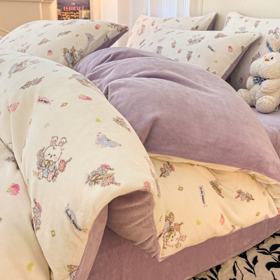 冬天牛奶绒床上四件套轻奢高级感冬季加厚珊瑚法兰绒被套床单床笠_561