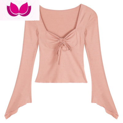 七斓粉色方领长袖T恤女春季甜辣妹打底紧身性感修身显瘦绑带内搭上衣