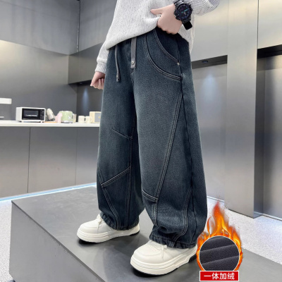 男童裤子秋冬新款大童男孩冬季儿童一体绒加厚加绒牛仔长裤初中生