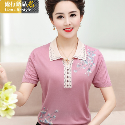 恋名媛妈妈夏装短袖翻领冰丝t恤50岁新款中年女T大码洋气小衫中老年上衣妈妈装