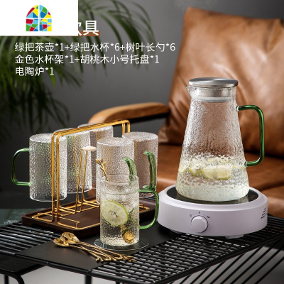 封后北欧轻奢水杯套装杯具家用喝水玻璃杯子客厅茶具茶杯冷水壶带托盘 FENGHO 祖母绿水具-茶壶+水杯勺x4+胡桃凉水壶