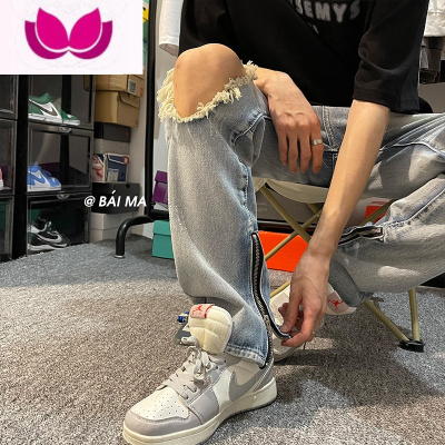 七斓美式高街ins复古破洞牛仔裤子男潮牌百搭直筒宽松设计感拉链长裤