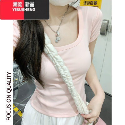 YIBUSHENG纯欲方领短袖t恤女季2024新款正肩甜辣妹chic粉色短款茶艺上衣
