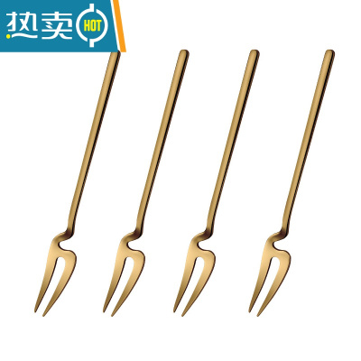 敬平304不锈钢水果叉套装家用水果签果插可爱欧式甜品叉子4支装小叉叉 304挂壁水果叉4支装(钛金色)
