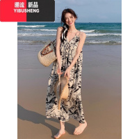 YIBUSHENG2024新款法式吊带水墨画碎花沙滩连衣裙女季外穿质感高级感气质