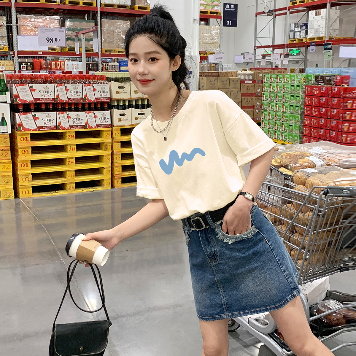[2.5折价46元]唐狮夏季女圆领前胸笔刷图案短袖T恤韩版宽松清新百搭流行潮