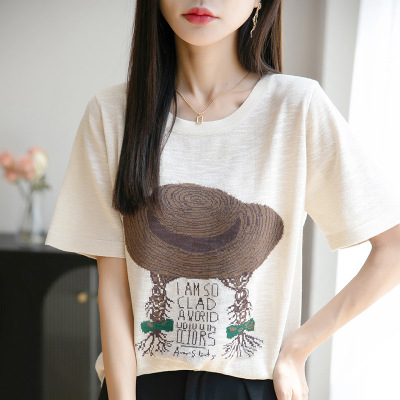 草帽麻花辫竹节麻短袖上衣夏季新款宽松短袖T恤印花