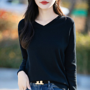 棉线针织衫女V领长袖薄款内搭毛衣春秋季上衣宽松套头线衣打底衫