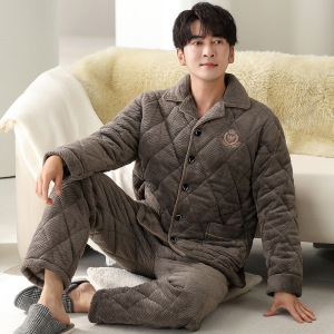 睡衣男士冬季开衫珊瑚绒三层夹棉加厚加绒法兰绒加大码家居服套装