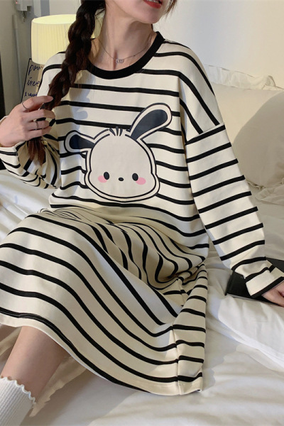 睡裙女秋冬季长袖韩版可爱卡通高级感学生睡衣中长款家居服可外穿