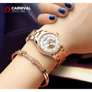 嘉年华Carnival新款手表精钢全自动机械表 女士腕表夜光防水简约镶钻女表蝶恋花系列时尚休闲女士手表8009L
