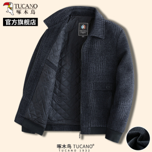 啄木鸟冬季新款男士中年呢子大衣爸爸装保暖夹克外套加棉上衣服C