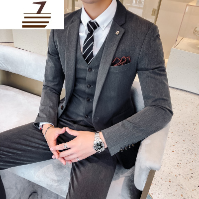NEWLAKE休闲青年英伦风西装修身男士西服套装三件套韩版结婚新郎礼服帅气