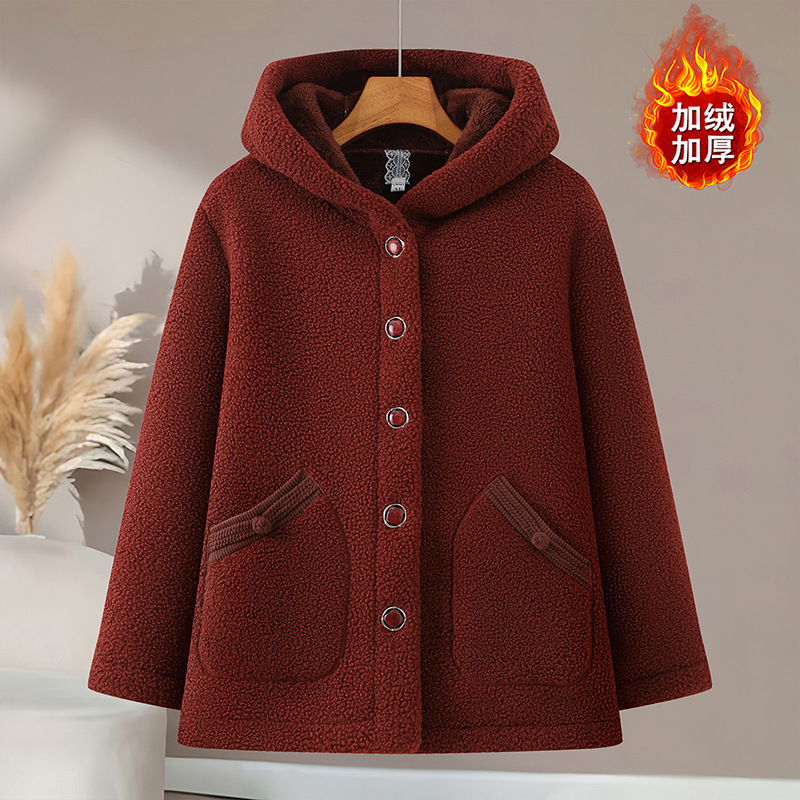 年女装中老年人外套颗粒绒保暖妈妈装新款冬装大衣连帽女加绒