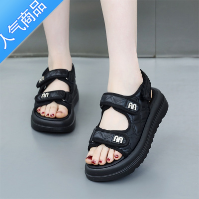 SUNTEK小香风凉鞋女厚底2023年新款夏季洋气不累脚软底魔术贴休闲罗马鞋