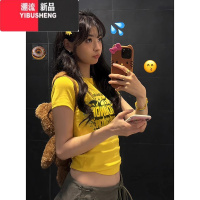 YIBUSHENG辣妹看黄色字母短袖t恤女季修身显瘦高级感气质百搭上衣潮