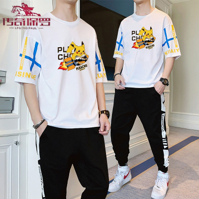 传奇保罗（CHUANQIBAOLUO）T恤套装男2021夏季新款潮流时尚简约百搭上衣青年男士帅气短袖两件套日常运动休